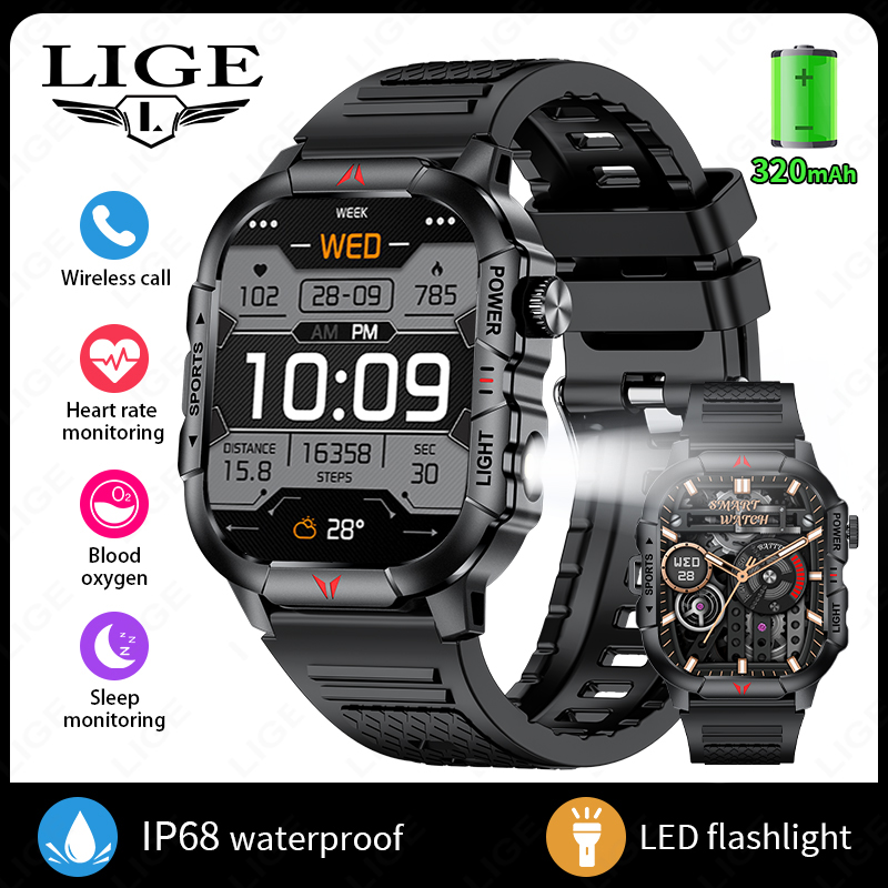 LIGE inteligentny zegarek latarka doprowadziło męskie zegarki wodoodporne 2.01-calowy ekran HD bransoletka zdrowotna wojskowy Smartwatch sportowy na świeżym powietrzu mężczyzna: biały