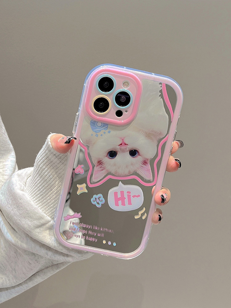 Preciosa funda con espejo de maquillaje de gato blanco para iPhone 14 Pro Max 16 15 13 11 12 parachoques de silicona bonita contraportada Capa