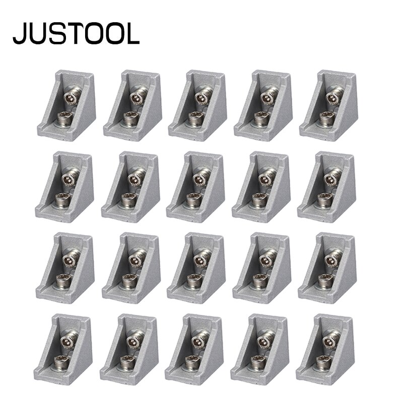 JUSTOOL 20pcs Corner Fitting Angle Aluminum Connector Angle Code Bracket Fastener Furniture Hardware Woodworking Tool Set