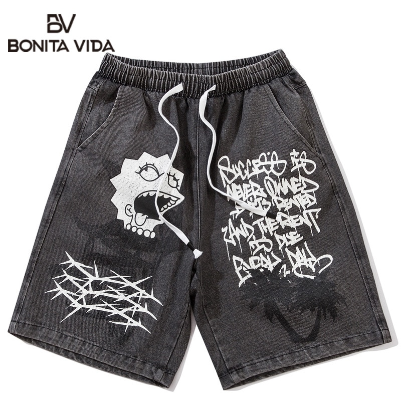 Hip Hop Angel Gun Graffiti Fire Flame Print Men Denim Shorts Streetwear Harajuku Elastic Waist Short Jeans Pants