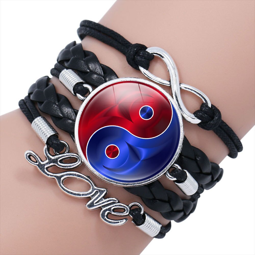 Tai Chi Decor PU Bracelet Yin-Yang Tai Ji Multi-Layer Alloy Wrist Jewelry Knitting Rope Adjustable Length for Men Women AUG889: Kobalt Violet