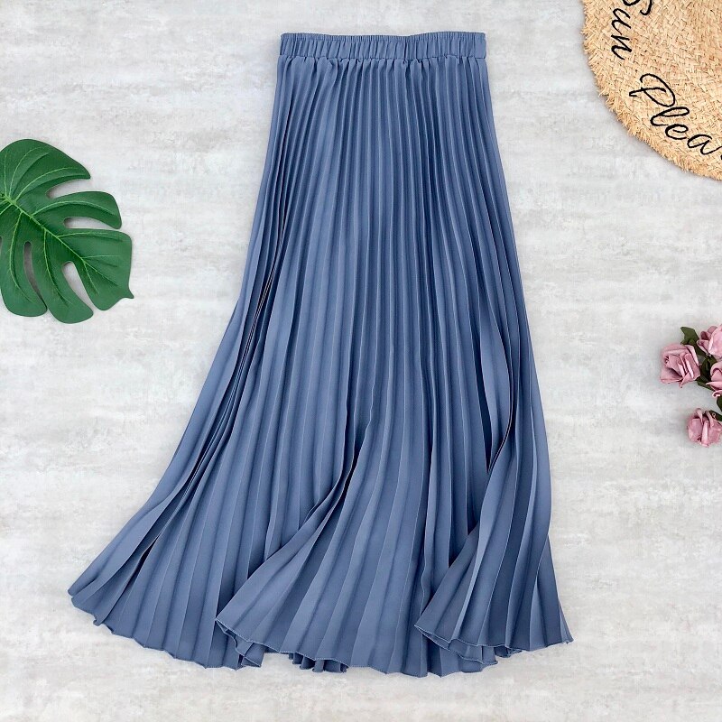 Faldas Midi plisada de gasa para mujer, faldas largas de cintura alta, Color liso, estilo informal, para primavera y verano: blue