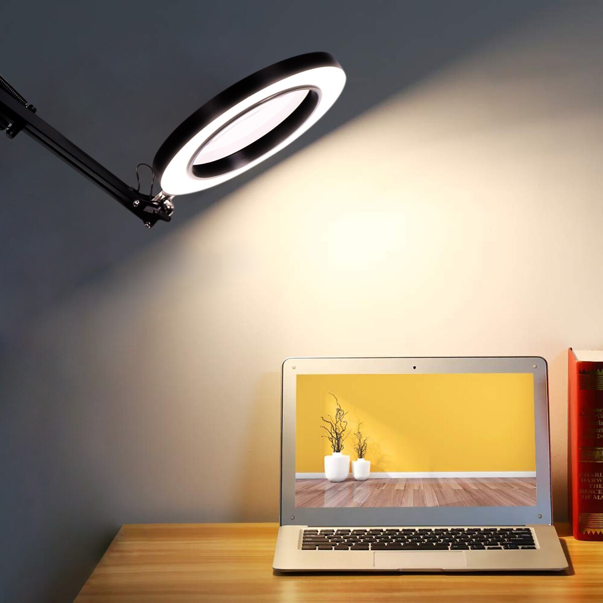 LED Magnifying Lamp Metal Swing Arm Magnifier Lamp Stepless Dimming 3 Color Modes 5X Magnification 4.1" Diameter Glass Lens