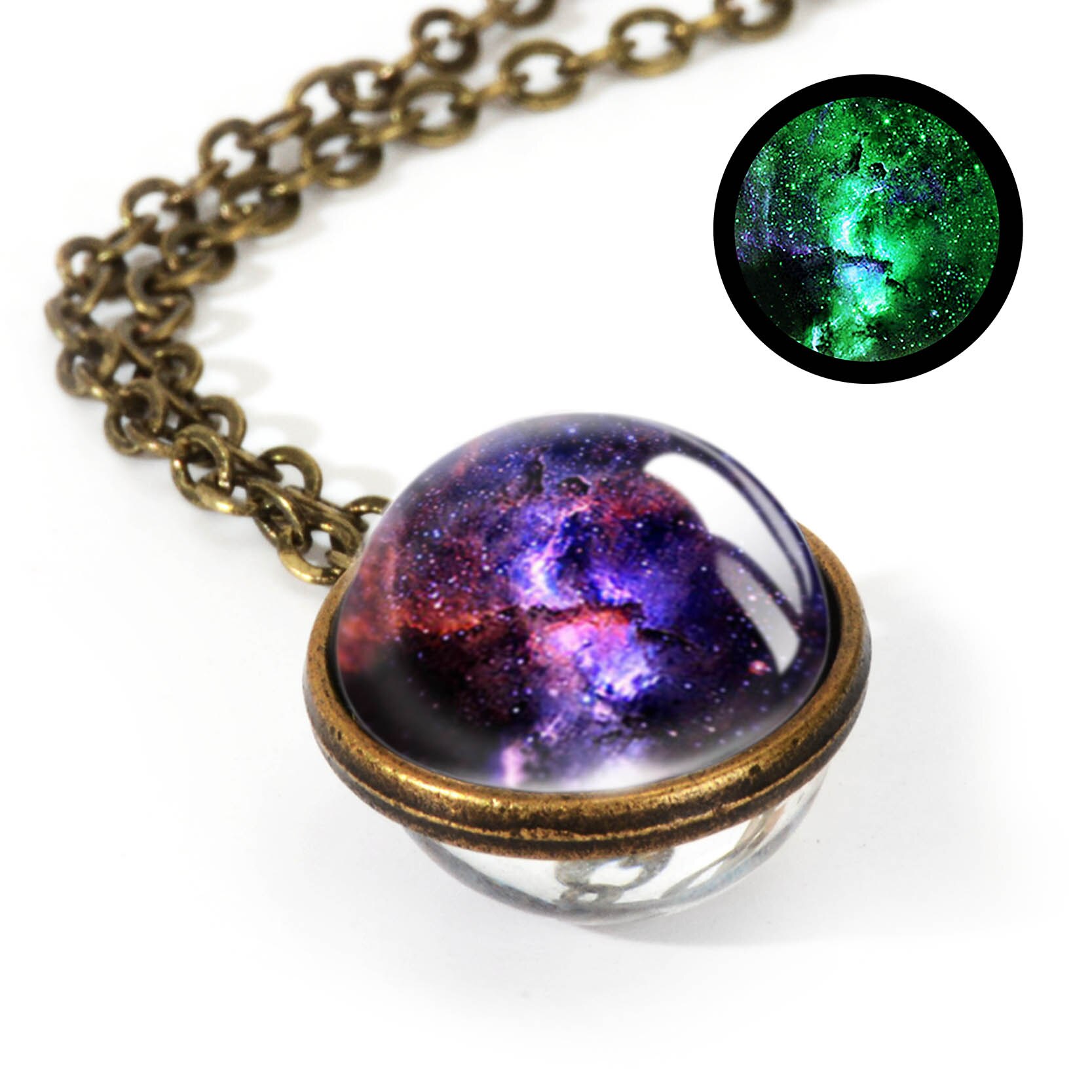 Nebula Galaxy Double Sided Pendant Necklace Universe Planet Jewelry Glass Art Picture Handmade Statement Necklace: LGS0036-Luminous