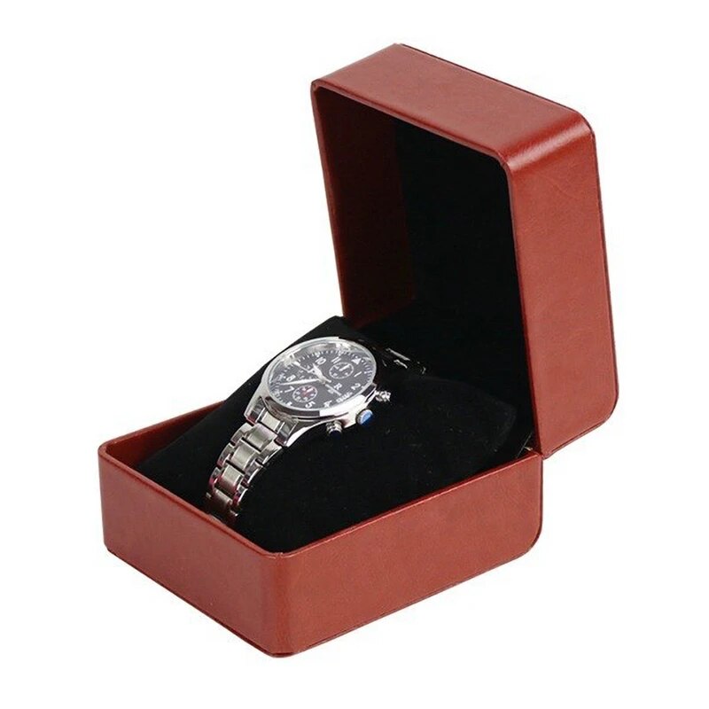Caja de para reloj individual con almohada, organizador de vitrina de reloj de pulsera de cuero PU para hombres: Marrón