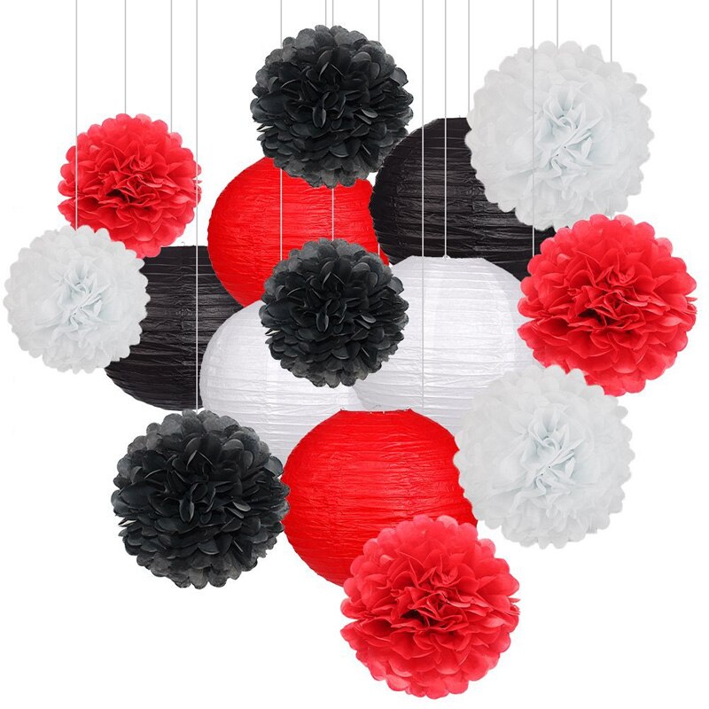DIY Baby Shower Festival Party Supplies Wedding Birthday Tissue Paper Pom-poms Flower Ball Lanterns Set Decoration: Black and red suit
