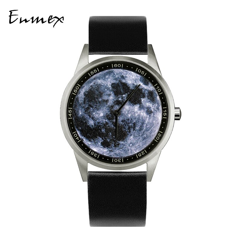 Enmex montre-bracelet 3D lune boîte en acier inoxydable peinture à l'huile visage horloge quartz horloge montre: black leather