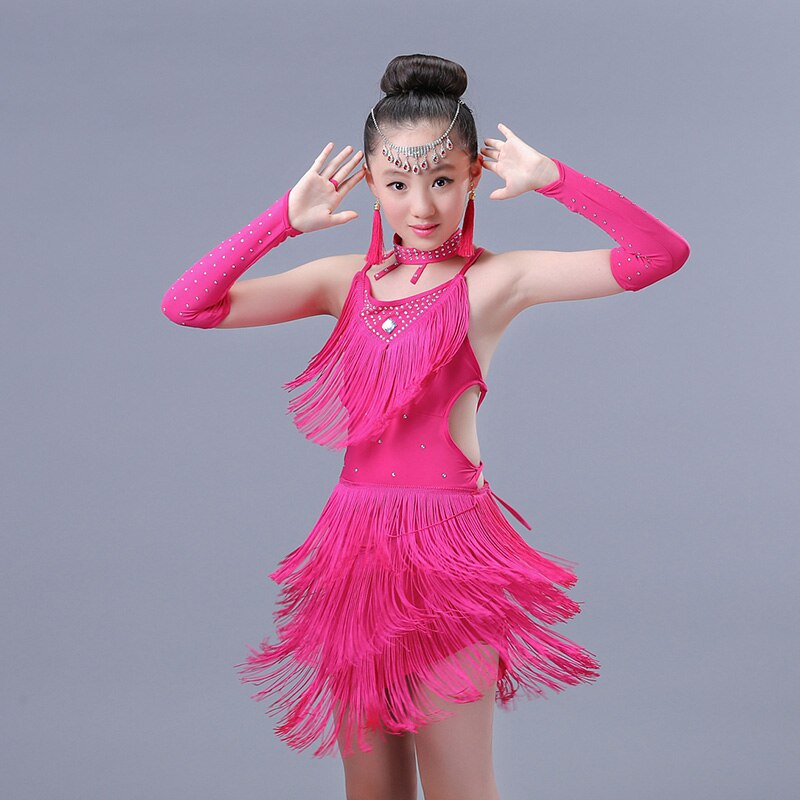 Girl Latin Dance Purple Fringe Salsa Dancing Dress Child Girls Kids Latin Dance Dresses Girls Latin Dance Costumes: Hot Pink / 140cm
