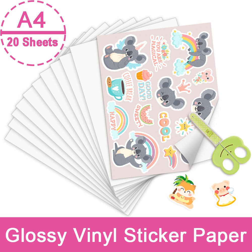 10/20Sheets A4 Matte Printable Vinyl Sticker Paper Inkjet Printer Paper 210*297mm Copy Paper for Inkjet Printer Cute DIY Sticker: 20 sheets glossy
