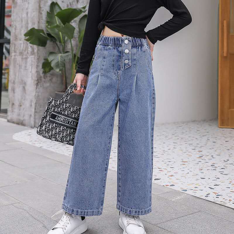 Meninas primavera e outono perna larga denim calças de cintura elástica sólida crianças jeans coreano em linha reta 3-13 anos de idade das crianças