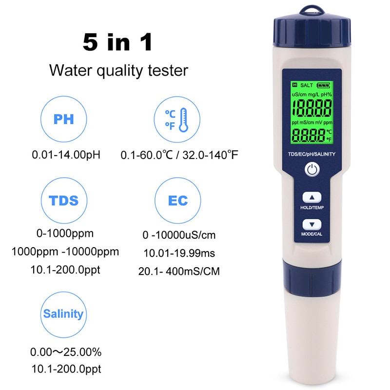 Monitor Digital de del agua 5 en 1, TDS/EC/PH/salinidad/temperatura, probador para piscinas, agua potable, acuarios