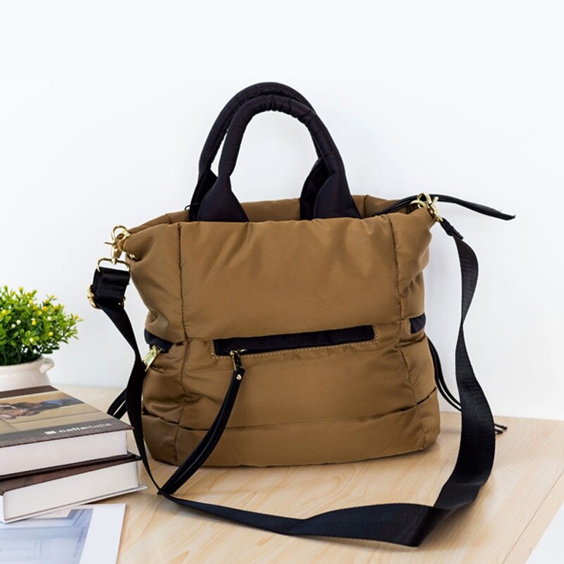 Casual Katoen Grote Capaciteit Tote Bag Handtas Vrouw Boodschappentas Femaledown Veer Gewatteerde Lady Schouder Crossbody Tas Voor Vrouwen: Khaki / 25x15x22cm