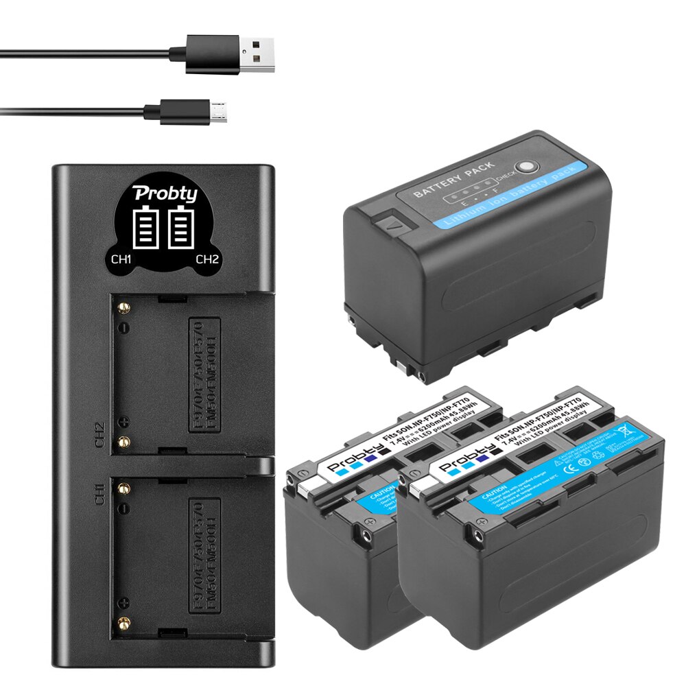 7.4V 6200mAh NP-F770 NP-F750 Li-ion Battery + LED USB Dual Charger For Sony NP F970 F960 F550 F570 QM91D CCD-RV100 TRU47E: 3BatteryWithCharger