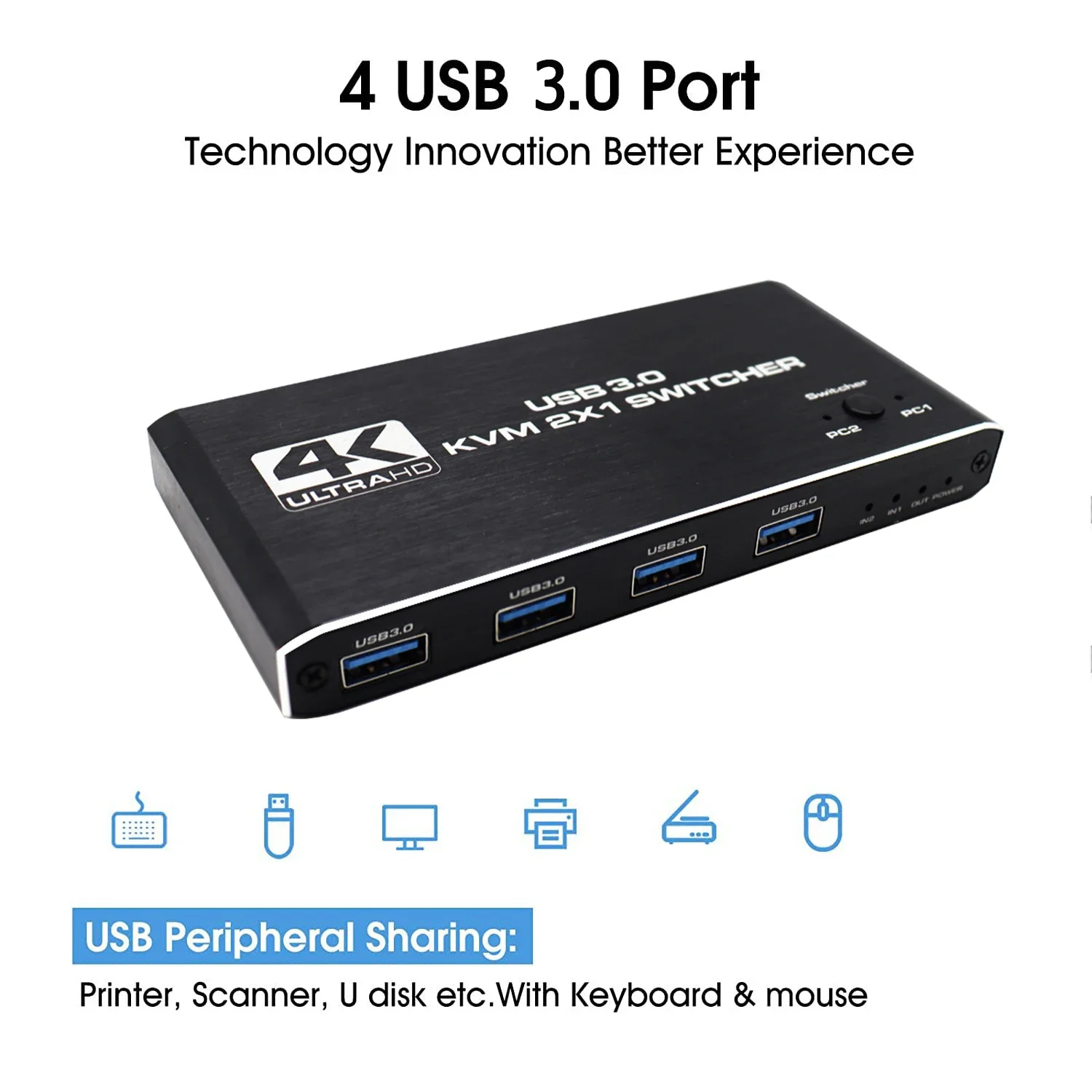 HDMI-compatible KVM Switch USB KVM Switch USB 3.0 Switcher 2 In 1 Out 4K for 2 PC Sharing Keyboard and Mouse EDID / HDCP Printer