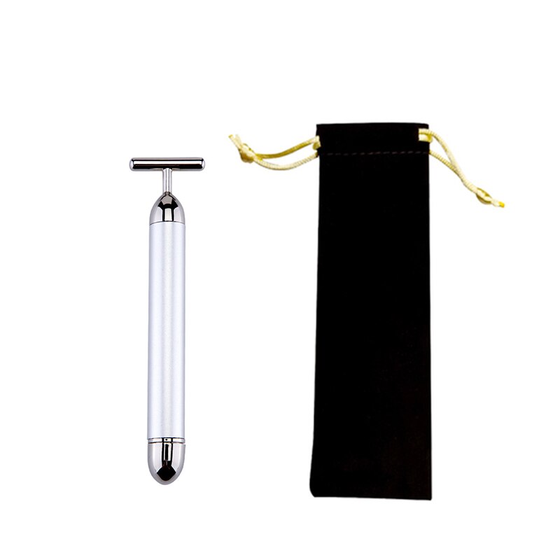 Rouleau électrique de Massage du visage, barre de beauté en or 24K, bâton de soins du visage vibrant et étanche: Silver with pouch