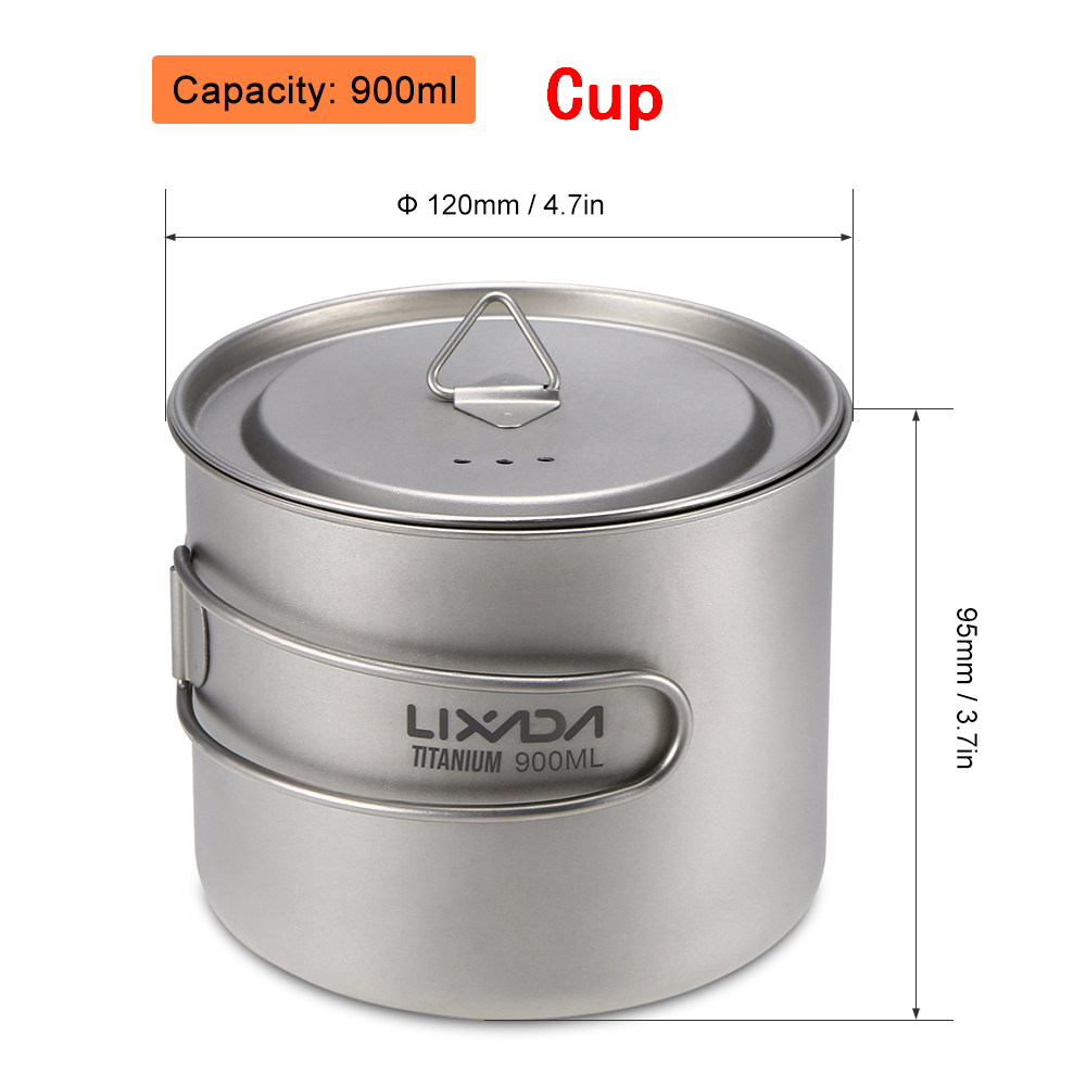 Lixada 900/1600ml titanium pot ultralette bærbar hængende gryde med låg og foldbart håndtag udendørs camping vandreture backpacking: 900ml kop