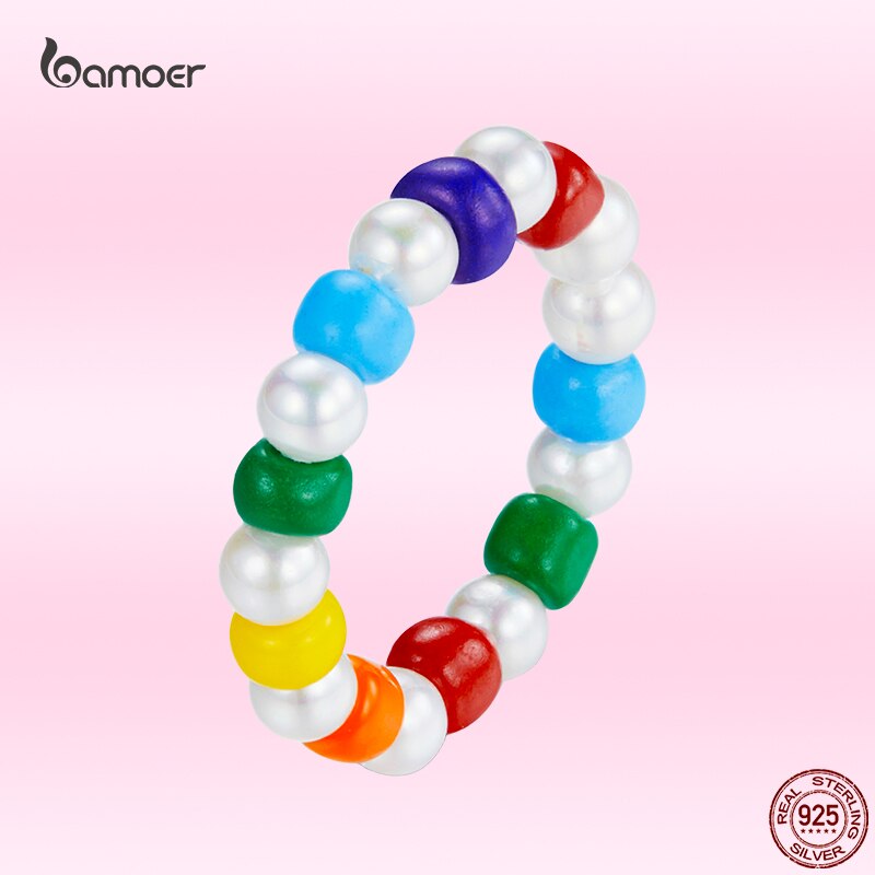 Bamoer shell pearl serie, exquisiter regenbogenring für damen, sommer-allround-hochzeitsschmuck, gxr 731