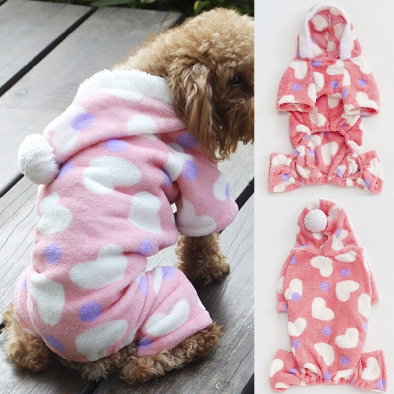 Winter Liefde-Hart Gedrukt Puppy Kleding Jumpsuit Warme Zachte Fleece Hond Pyjama Chihuahua Kat Jas Capuchon Kostuum