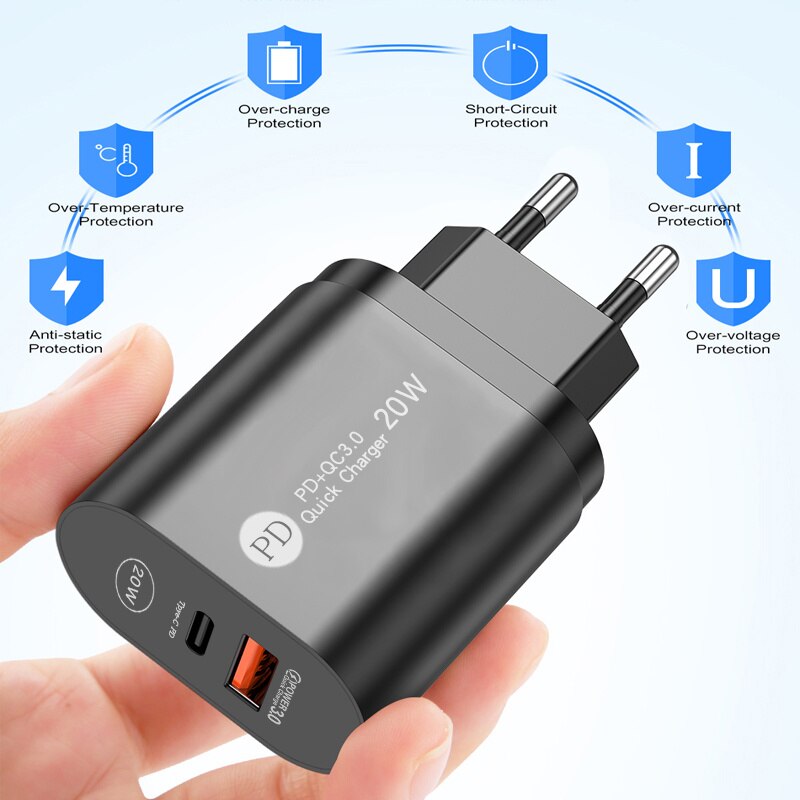 USLION – chargeur USB PD 20W QC3.0, Support USB type-c, charge rapide, pour téléphone iPhone 12 Pro Max 11 AirPods iPad Huawei