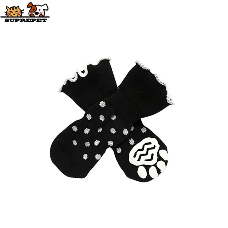 SUPREPET 4Pcs/Set Pet Dog Socks for Puppy Cotton Warm Cute Dog Socks Non-Slip Paw Dog Shoes Dog Boots Spots High Dog Socks: Black / S