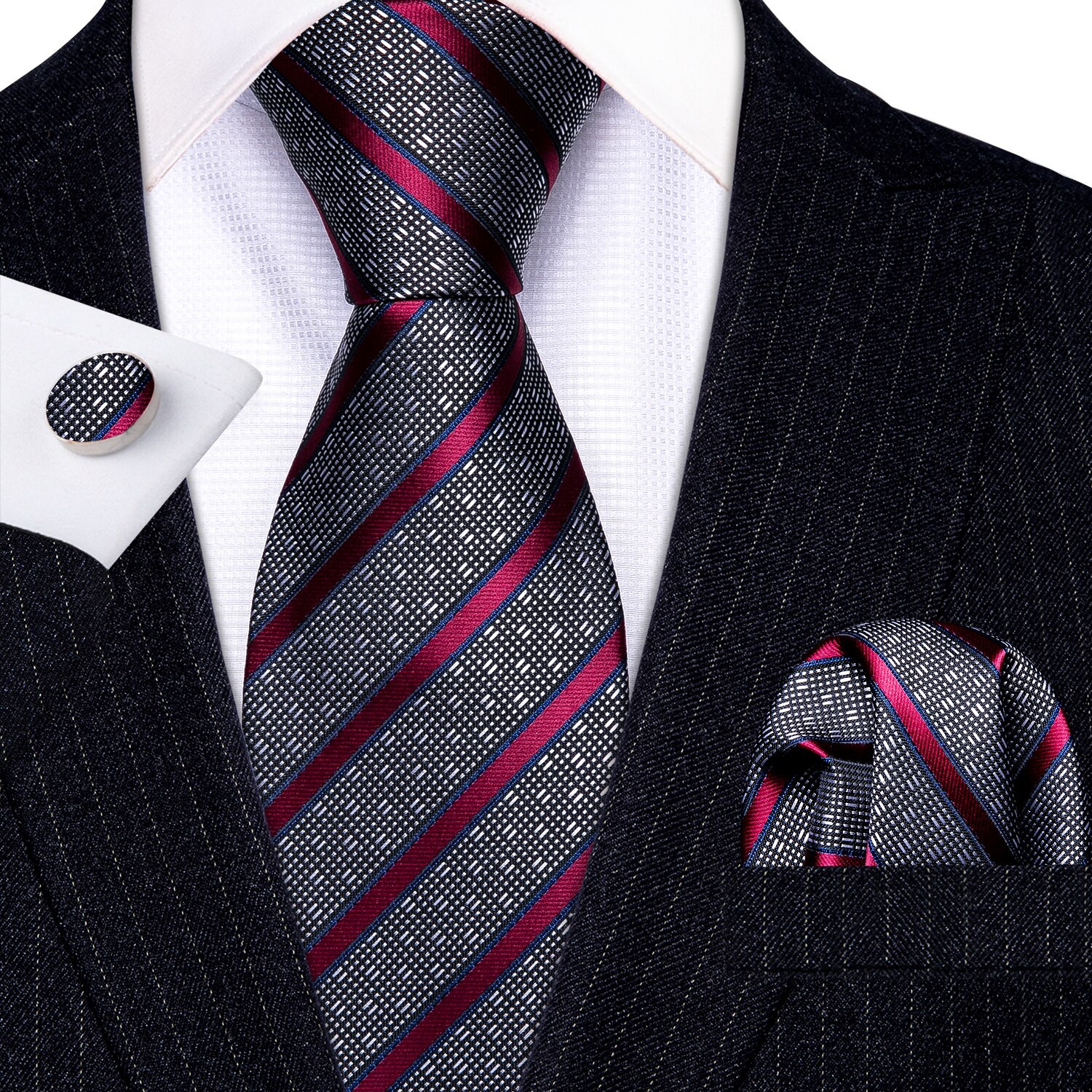 Cravate 100% soie pour hommes, Plaid rouge, Jacquard tissé, ensemble de boutons de manchette, cravate de cou, fête d&#39;affaires