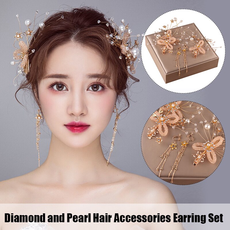 Bridal Hairpins Clips Earring Sets for Photo Shooting Gold Color Rhinestone Pearls Headpieces Headbands Bride Wedding Jewelry
