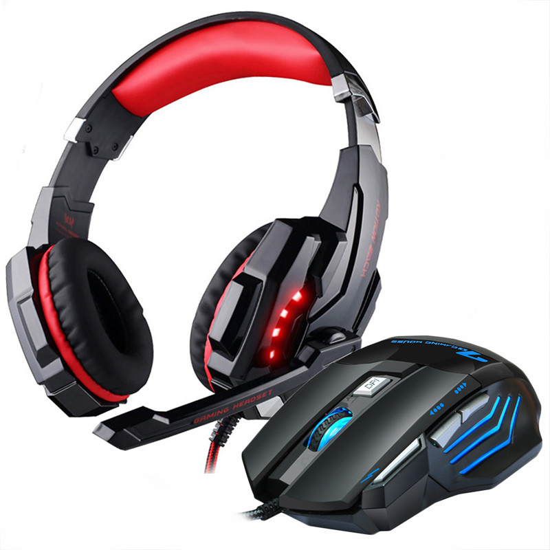 Gaming Headphones Headset wired Stereo with microphone big Earphone +Gaming Mouse 5000 DPI Mice Wired USB for PC Pro Gamer: G9000 red mmr3