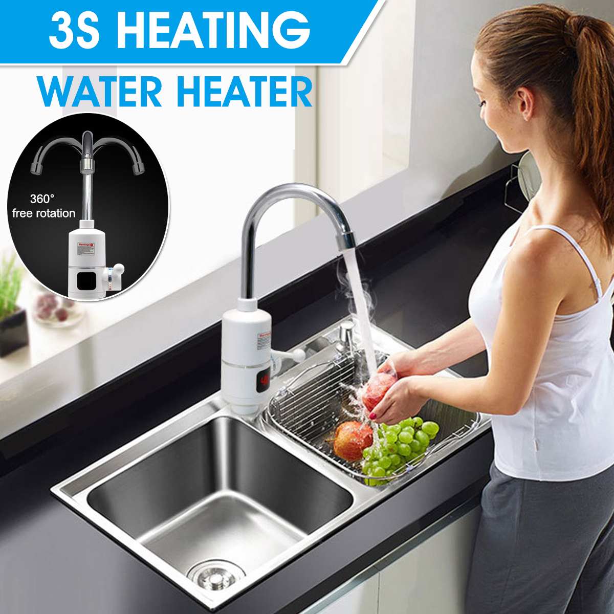 3000w 220v 3 sekunder hurtig varme elektrisk vandhane hane instant vandvarmer ledet real-time vandtemperatur display eu stik