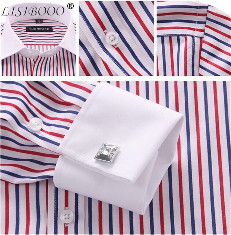 LISIBOOO Men Casual Slim Fit Shirt Mens Long Sleeve Business Dress Shirt French Cufflinks Shirt Male Striped Shirt