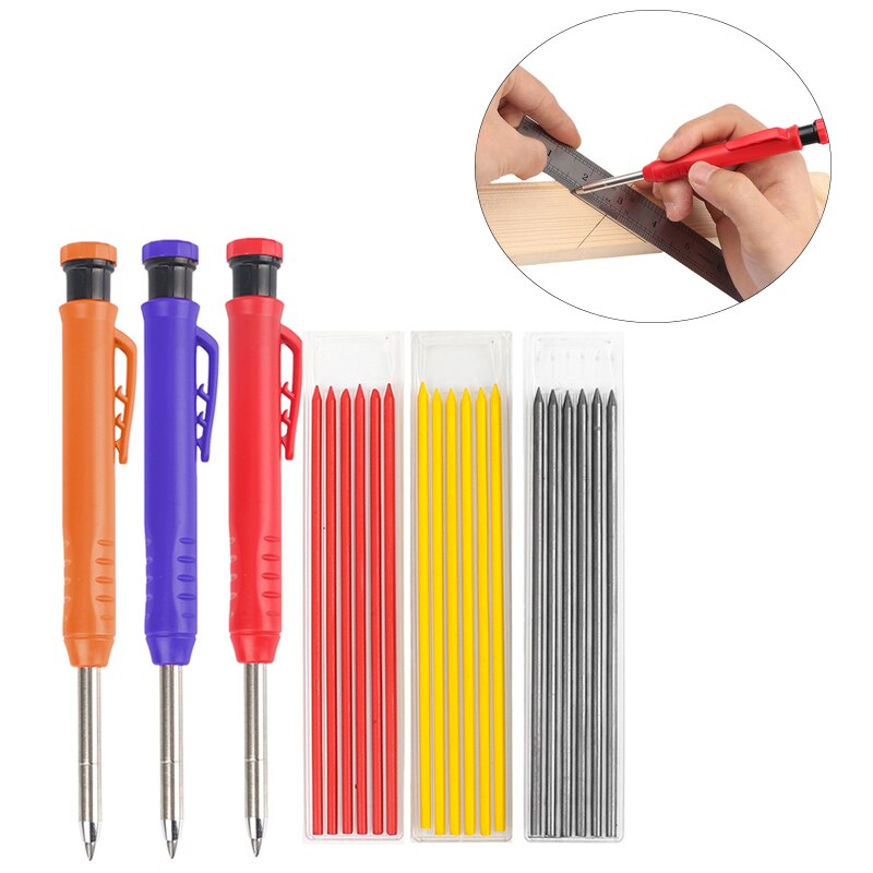 Solid Carpenter Pencil Set for Construction Built-in Sharpener Deep Hole Mechanical Drawing Pencil for Wood Glass Ceramics Metal