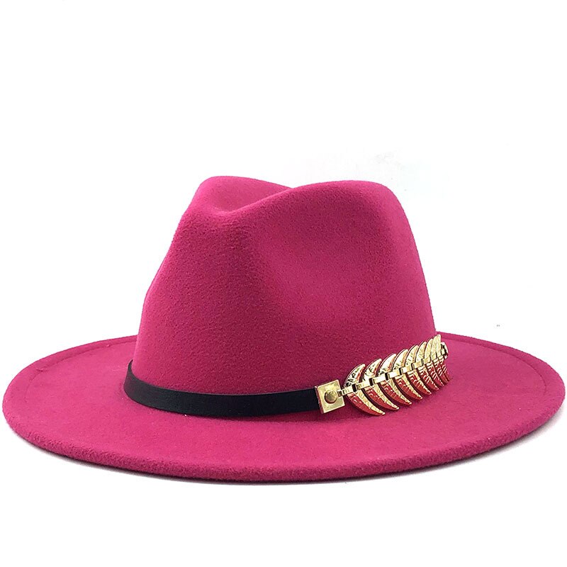 Female Jazz Hat Fashionable Metal Leaf Jazz Hat Woolen Winter Fedora Hat for Women: Rose red