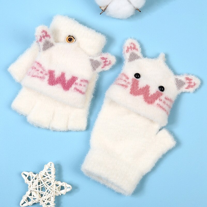 Nette Karikatur Baby Handschuhe freundlicher Winter Gestrickte Fäustlinge Handschuhe Dicke Warme Halb Finger Handschuhe freundlicher Fingerlose Handschuhe für Mädchen: Beige Weiß