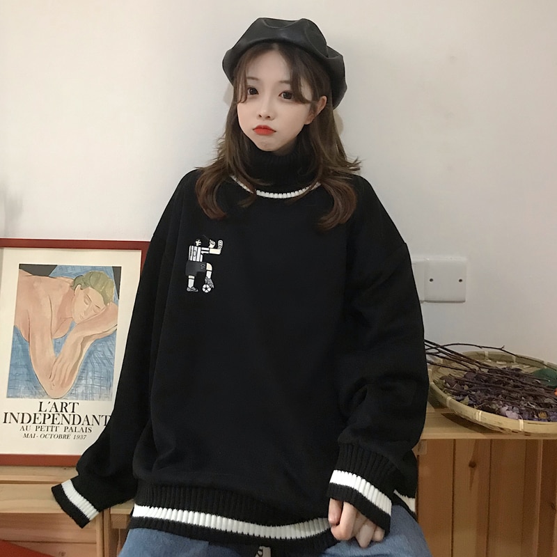 Sudaderas con capucha para mujer, con cuello alto holgado de gran tamaño, estampado a rayas, terciopelo grueso, de manga larga, con capucha para mujer, estilo informal coreano