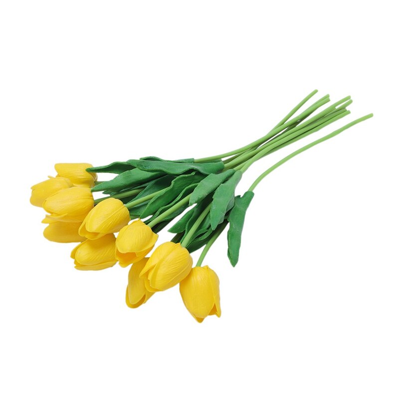10Pcs Geel Latex Real Touch Tulp Bloem Met Bladeren Voor Bruiloft Boeket Versieren