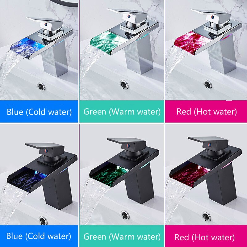 Håndvask temperaturføler ledet vandhane messing vandfald temperatur farver skifte badeværelse mixer vandhane monteret på håndvaskhaner