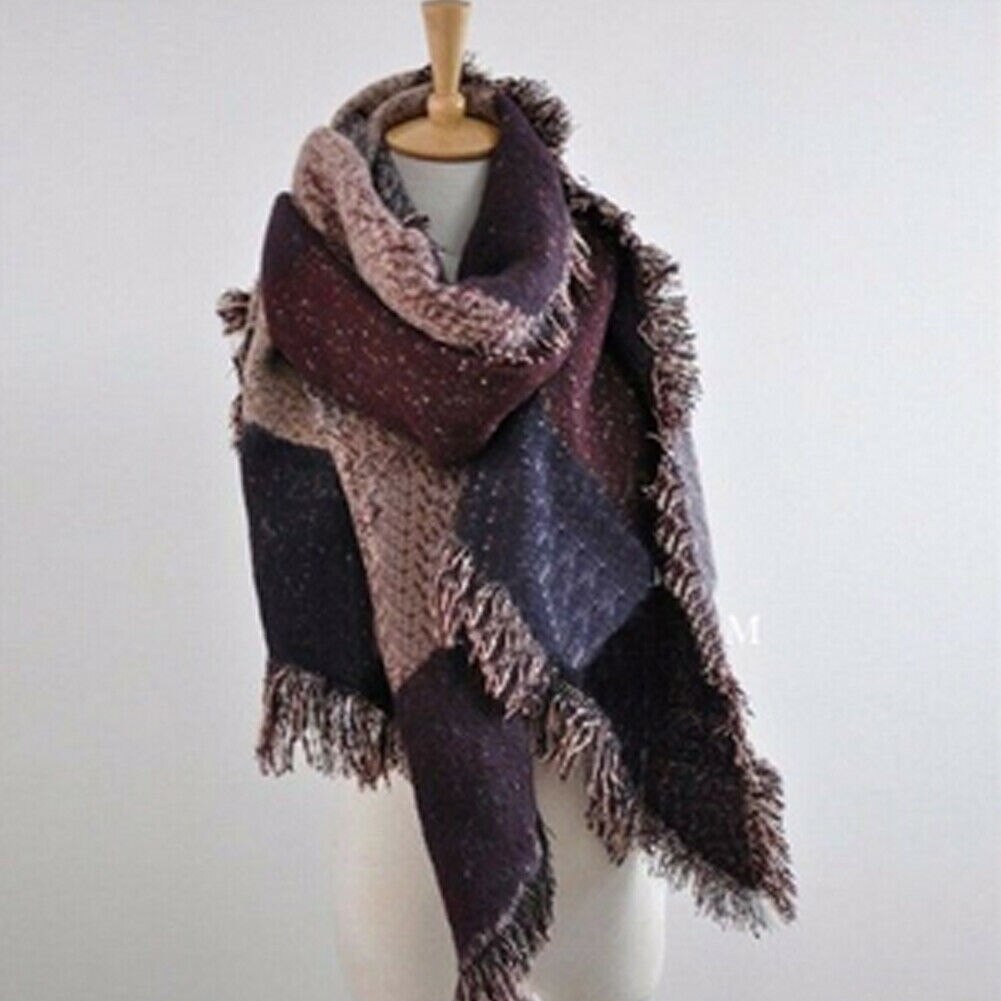 Bufandas grandes a la , novedad de , bufanda largo de cachemir para mujer, mezcla de lana para invierno, bufanda suave y cálida a cuadros, chal cruzado, bufanda a cuadros: Color vino