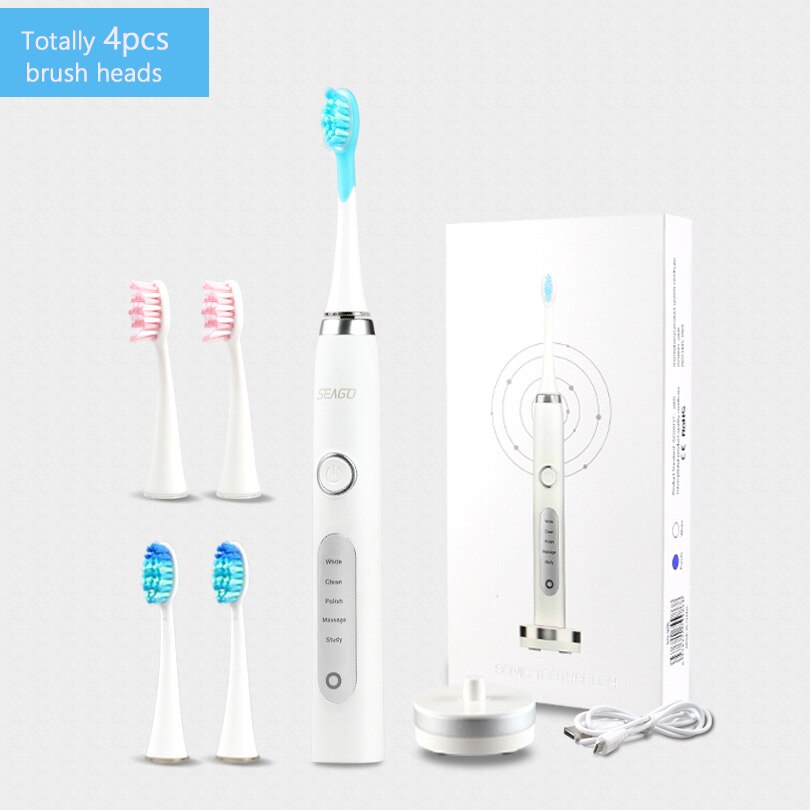 SEAGO Electric Rechargeable Toothbrush 5 Brushing Mode Dental Electric Brush Sonic Tooth Brush Whiten Teeth Automatic Toothbrush: White 4 heads