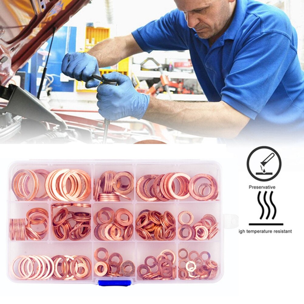 280pcs Assorted Copper Washers 12 Different Sizes Solid Copper Crush Washers Seal Flat Rings Kit With Grid-Shape Storage Box​​