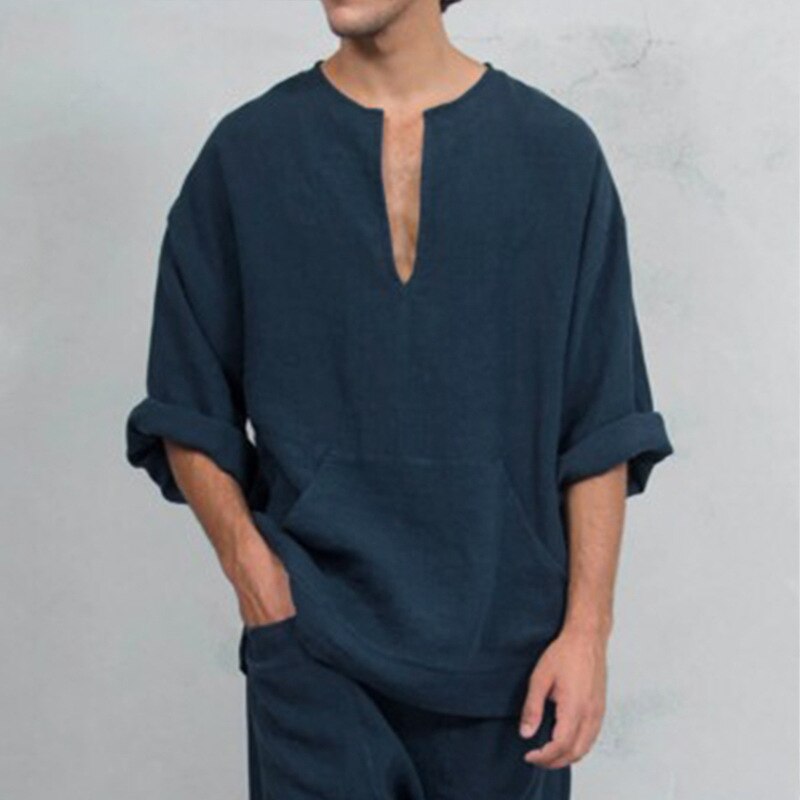 Effen Chinese Stijl Kleding Voor Mannen Lange Mouw Linnen Kung Fu Outfit Leisure Losse T-shirt Tang Tops Oosterse Kostuums Shirts: Navy / L