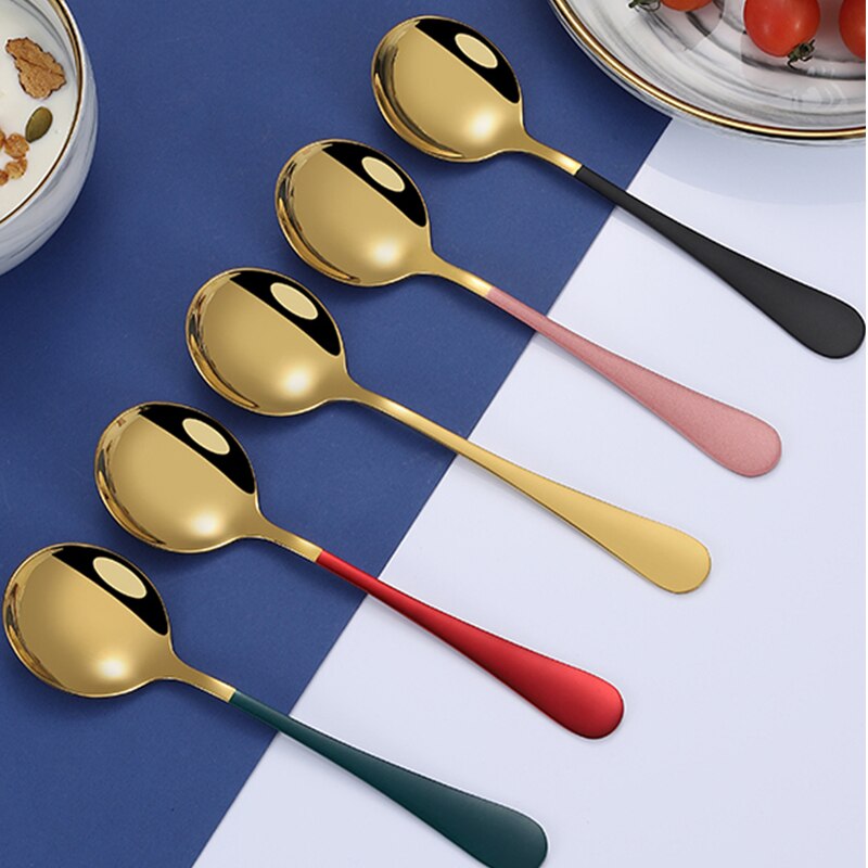 10 Colors 1pcs Coffee Spoons Stainless Steel Dessert Spoons Kitchen Utensils Round Spoons