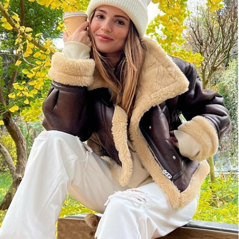 RARF 2024 Otoño Invierno mujer Chaqueta corta de piel sintética de cordero Vintage mujer Moto Biker cremallera gruesa abrigo cálido prendas de vestir de lana: L