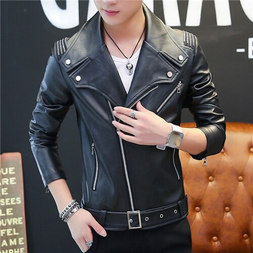Classic Mens PU Leather Jacket Red White Black Fall Winter Slim Male Faux Leather Motorcycle Coats: Black / XXL