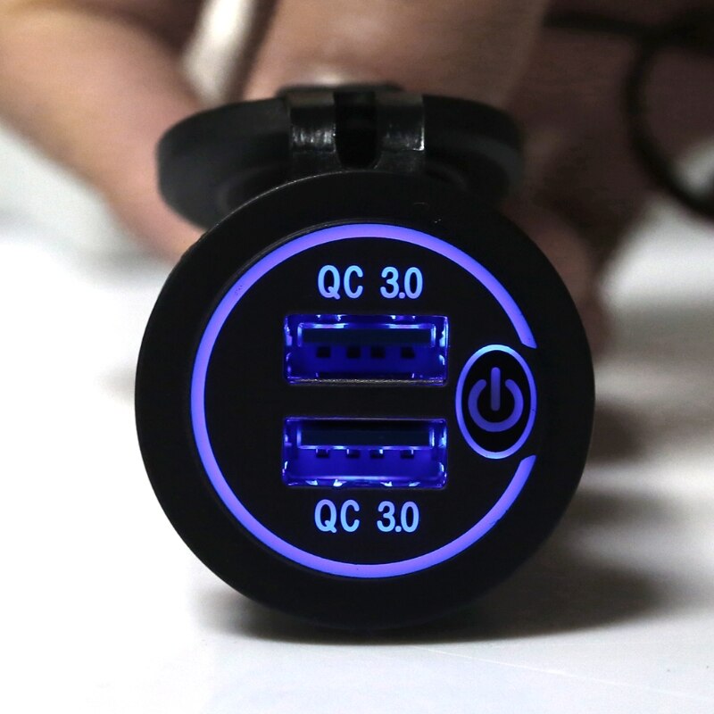 Carregador automotivo usb, adaptador à prova d'água, 12v, 24v, dual, qc3.0, com interruptor touch liga/desliga, luz led para telefone móvel, gps, caminhão, suv, barco, ônibus