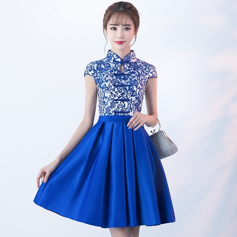 Royal Blue Modern Chinese Dress Female Mandarin Collar Petite Vestido Qipao Ladies Cheongsam Style Chinese Clothing Stor F1628 L
