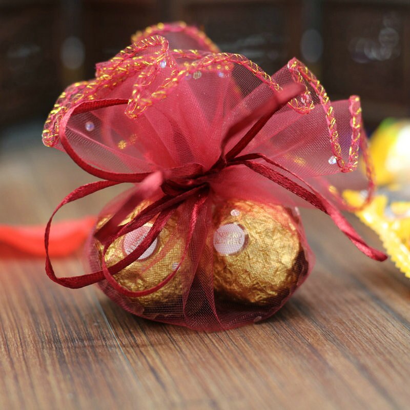 20 stk 25cm runde snøre organza taske jul jul chokolade slikpose bryllupsfest smykker emballage taske: Rød