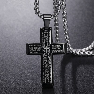 Retro Christian Jesus Single Titanium Scripture Cross Necklace Stainless Steel Black Prayer Choker Cross Pendants For Men Colar: Black