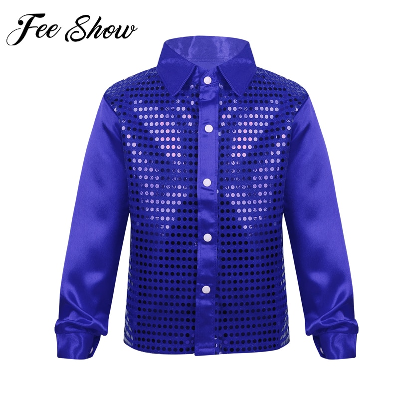 Camisa de manga larga con lentejuelas brillantes para niños, traje de baile de Jazz, actuación de escenario, Top de baile de hip hop, Atuendo para Rave