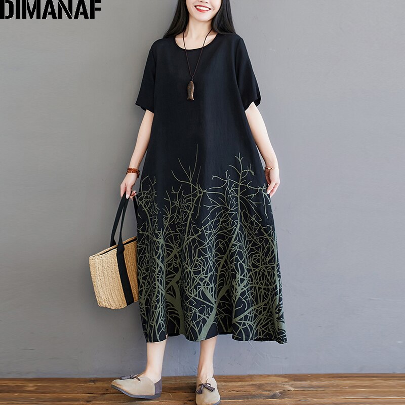 Dimanaf plus size vestido feminino elegante do vintage impressão senhora vestido estilo chinês algodão roupas femininas verão vestido maxi: Ya146-hei / L