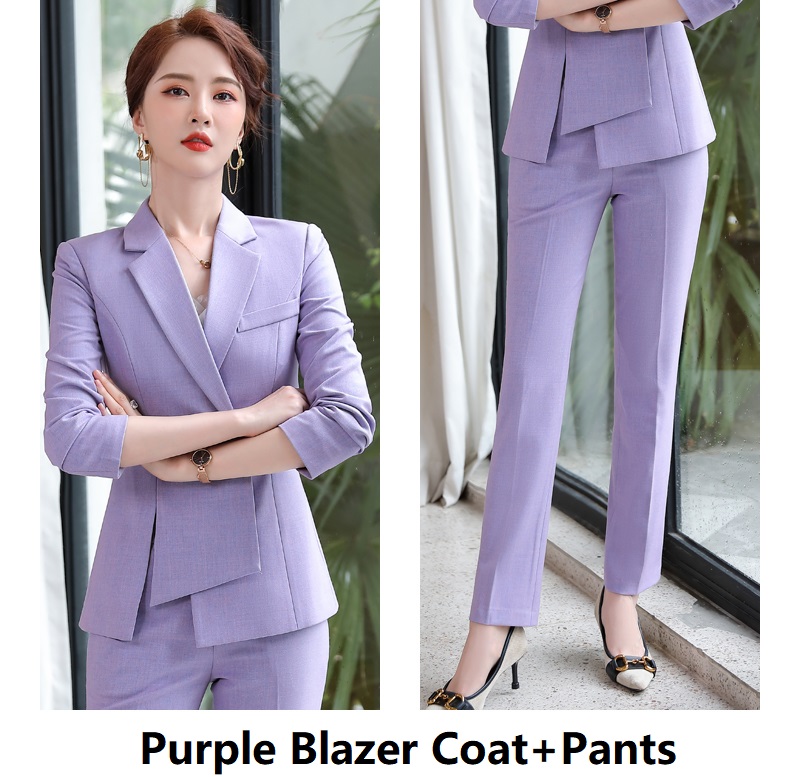 Asymmetric Size S-4XL Women Pant Suit Blue Purple Black Two Pieces Set Single Button Blazer With Trouser For Spring: L / Orange