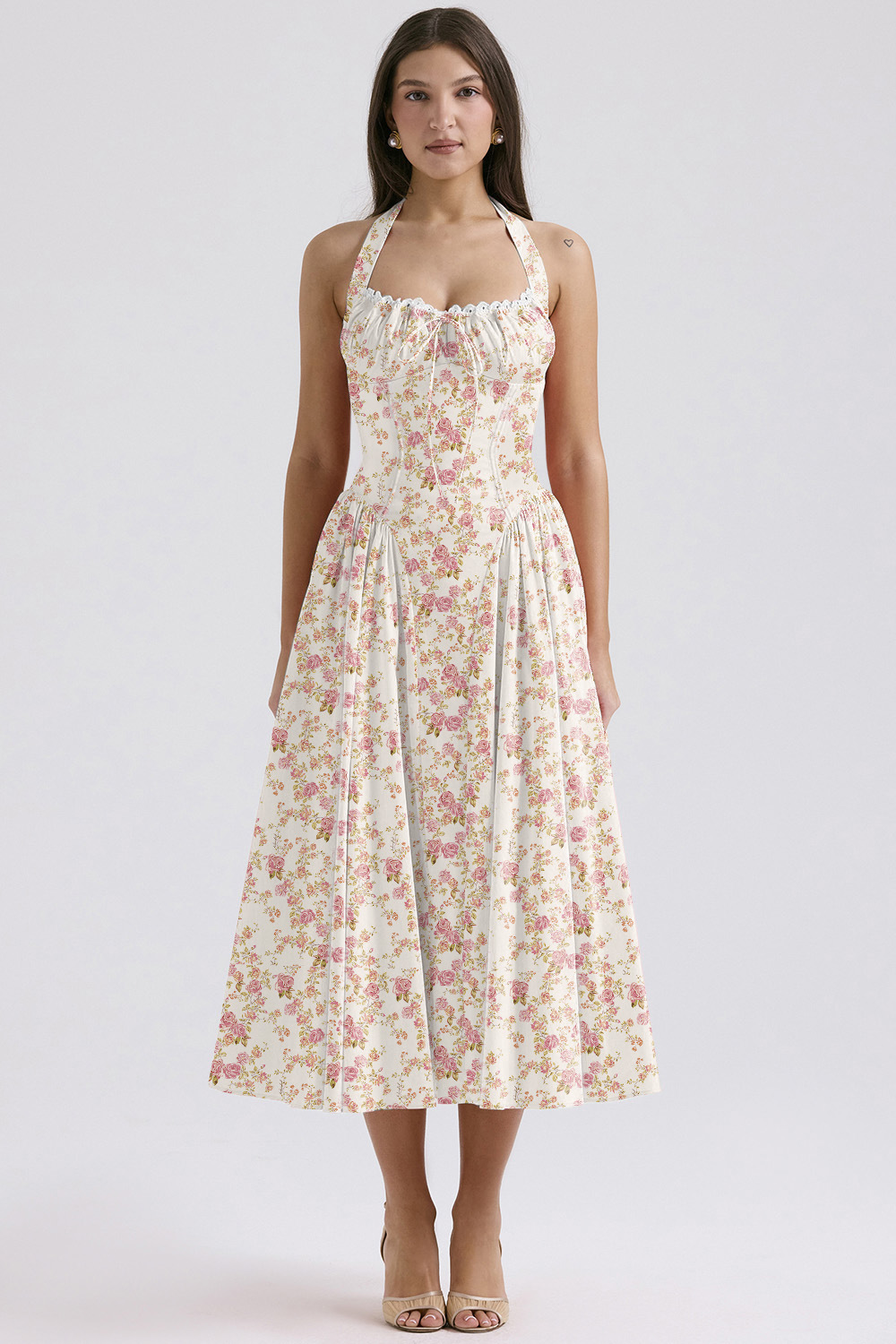 Vintage blomstret halterneck midi sommerkjole dame højtaljet pink blå sort rød kjole sommerkjoler kvinde fødselsdagskåbe